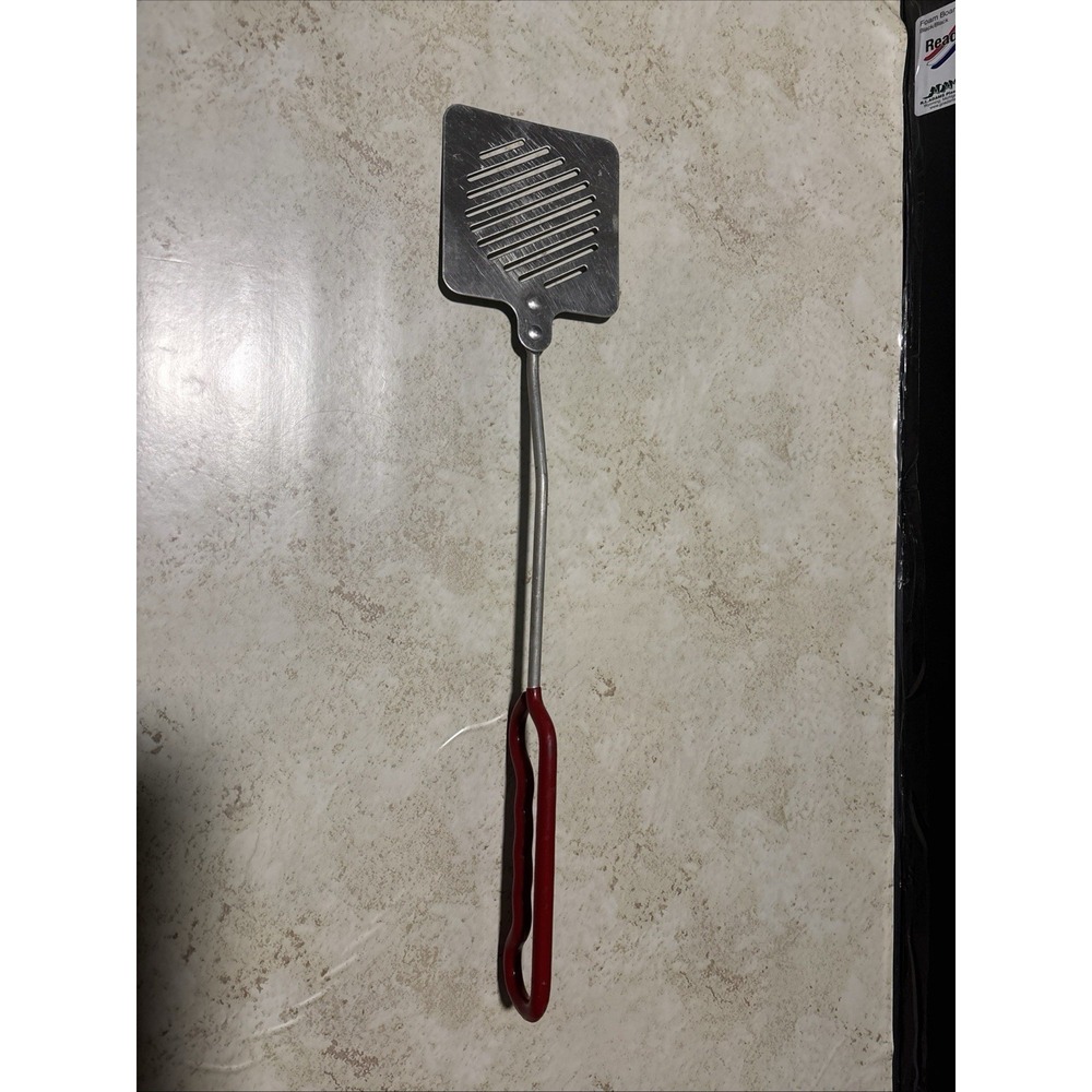 Vintage BBQ Slotted Spatula Turner Flipper Stainless Steel Red Handle Large
